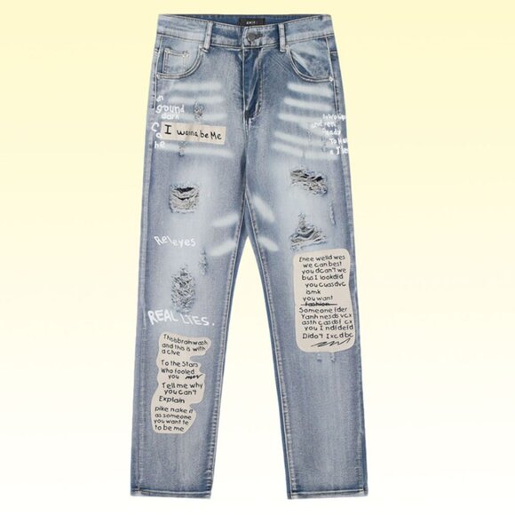 Amiri Blue Letter Full Print Patch Ripped Jeans